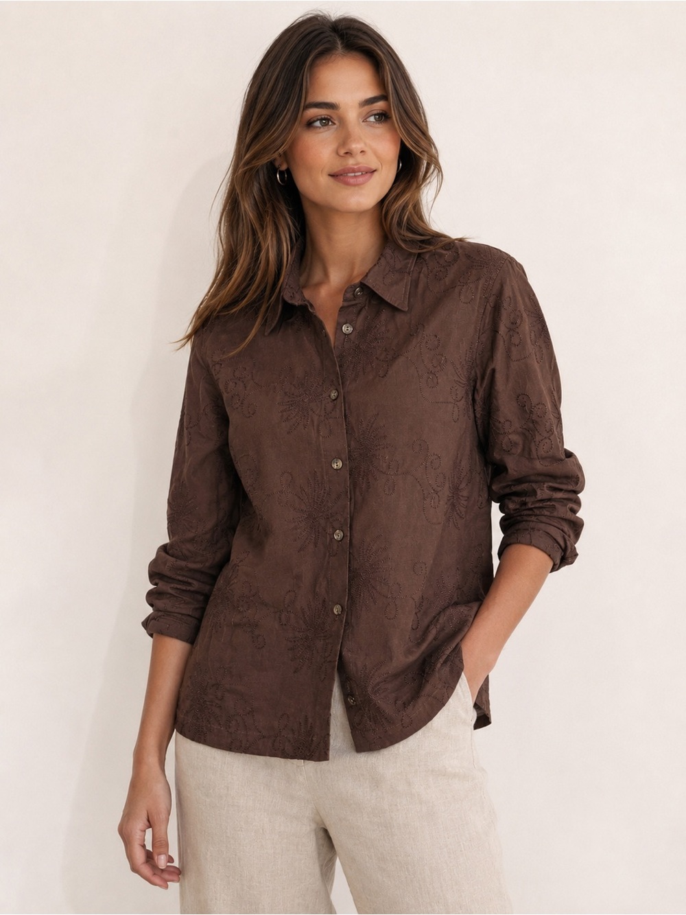 Y2K DT Collection Brown Embroidered Silk Blend Button-Up Shirt Women’s Size 12